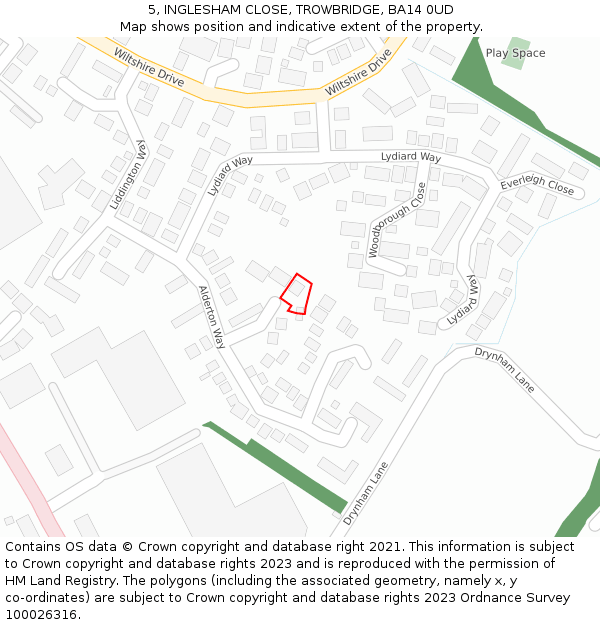 5, INGLESHAM CLOSE, TROWBRIDGE, BA14 0UD: Location map and indicative extent of plot