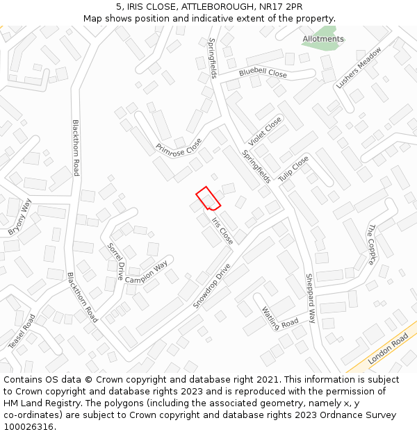 5, IRIS CLOSE, ATTLEBOROUGH, NR17 2PR: Location map and indicative extent of plot