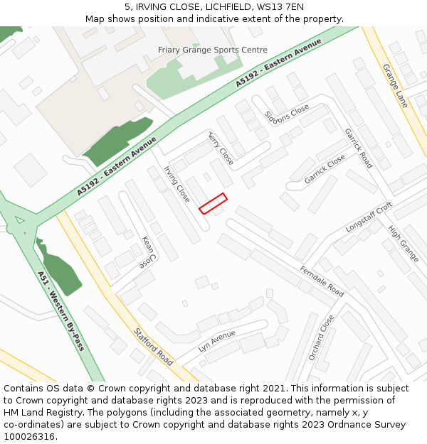 5, IRVING CLOSE, LICHFIELD, WS13 7EN: Location map and indicative extent of plot