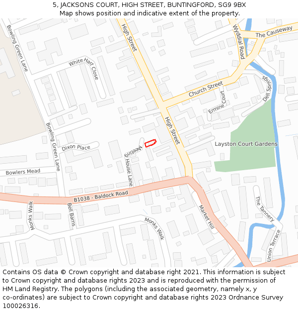 5, JACKSONS COURT, HIGH STREET, BUNTINGFORD, SG9 9BX: Location map and indicative extent of plot
