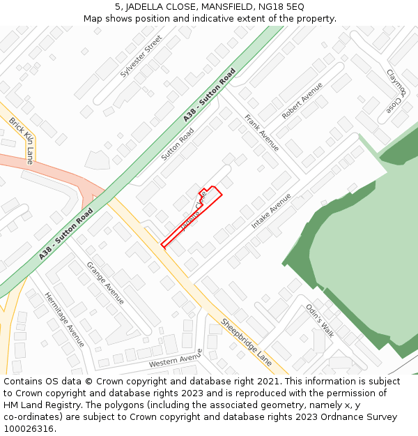 5, JADELLA CLOSE, MANSFIELD, NG18 5EQ: Location map and indicative extent of plot