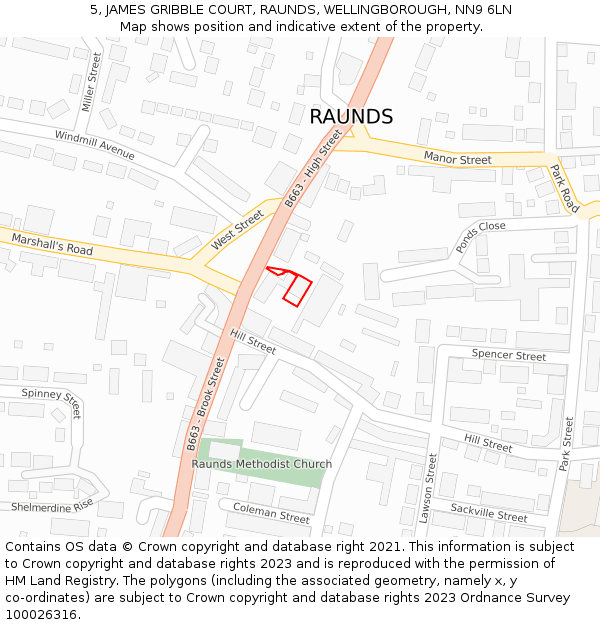 5, JAMES GRIBBLE COURT, RAUNDS, WELLINGBOROUGH, NN9 6LN: Location map and indicative extent of plot