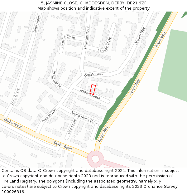 5, JASMINE CLOSE, CHADDESDEN, DERBY, DE21 6ZF: Location map and indicative extent of plot
