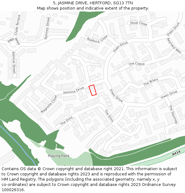 5, JASMINE DRIVE, HERTFORD, SG13 7TN: Location map and indicative extent of plot