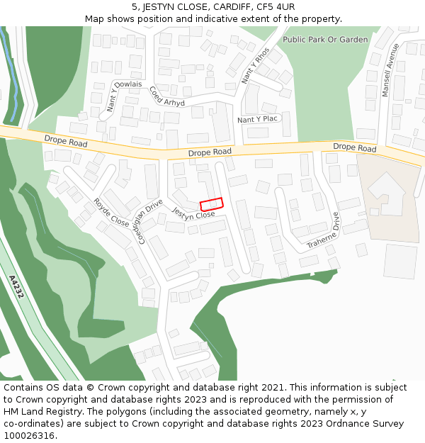 5, JESTYN CLOSE, CARDIFF, CF5 4UR: Location map and indicative extent of plot