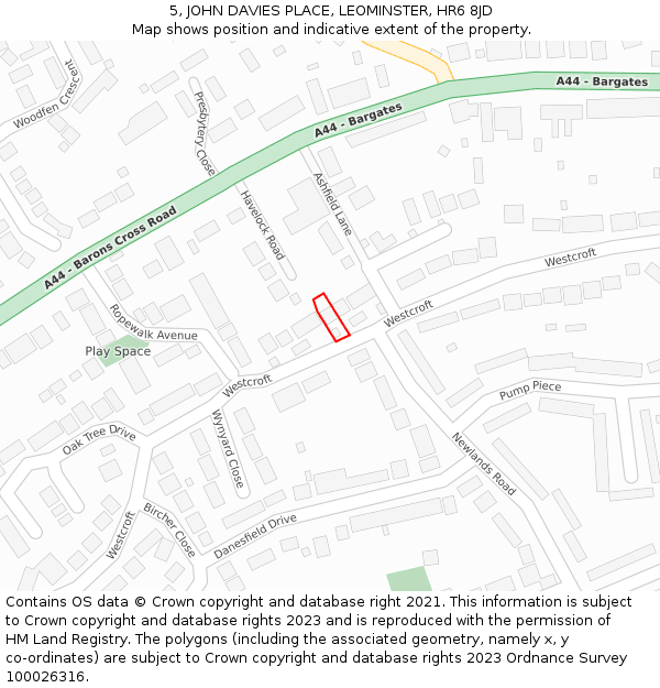 5, JOHN DAVIES PLACE, LEOMINSTER, HR6 8JD: Location map and indicative extent of plot