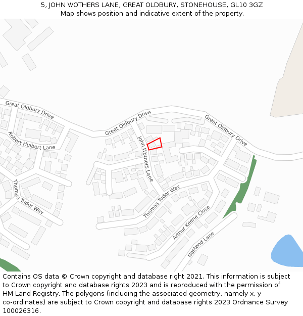 5, JOHN WOTHERS LANE, GREAT OLDBURY, STONEHOUSE, GL10 3GZ: Location map and indicative extent of plot