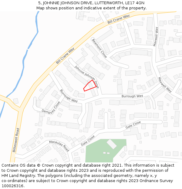 5, JOHNNIE JOHNSON DRIVE, LUTTERWORTH, LE17 4GN: Location map and indicative extent of plot