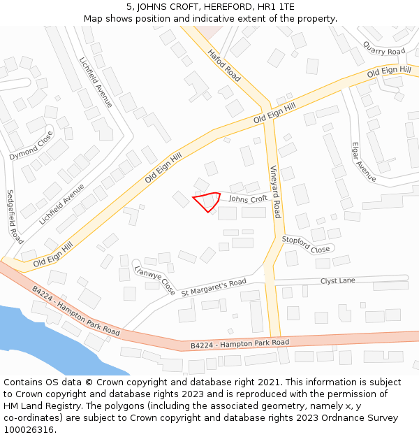 5, JOHNS CROFT, HEREFORD, HR1 1TE: Location map and indicative extent of plot