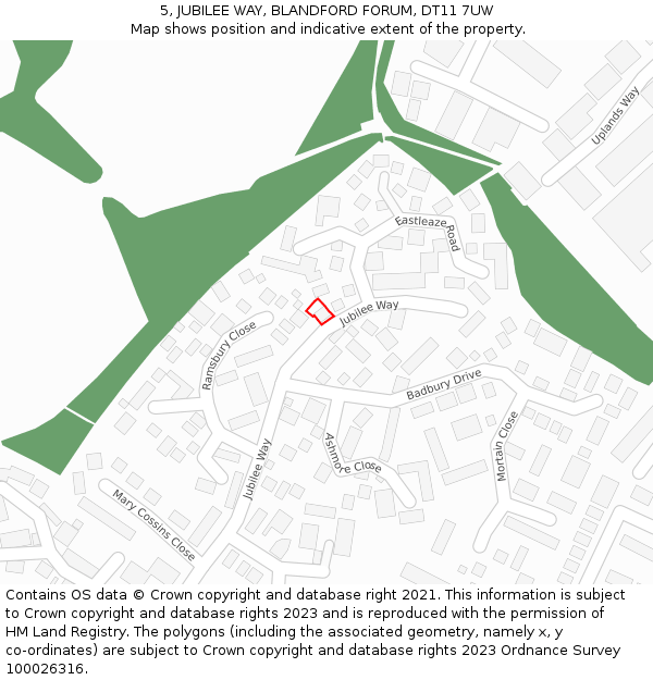 5, JUBILEE WAY, BLANDFORD FORUM, DT11 7UW: Location map and indicative extent of plot