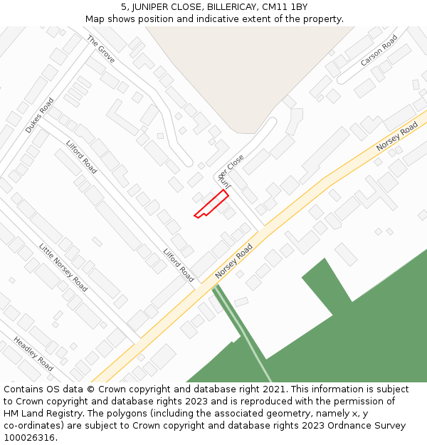 5, JUNIPER CLOSE, BILLERICAY, CM11 1BY: Location map and indicative extent of plot