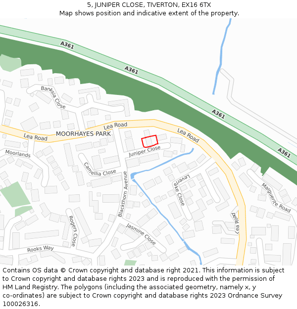 5, JUNIPER CLOSE, TIVERTON, EX16 6TX: Location map and indicative extent of plot