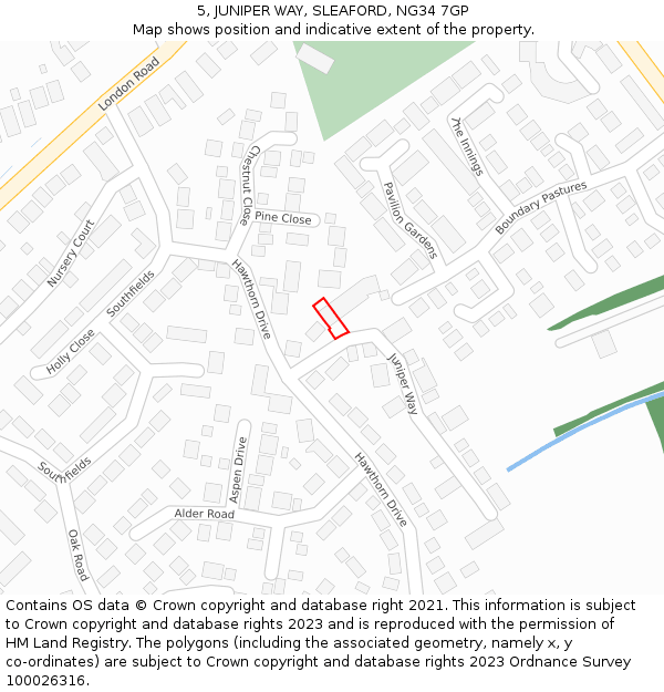 5, JUNIPER WAY, SLEAFORD, NG34 7GP: Location map and indicative extent of plot