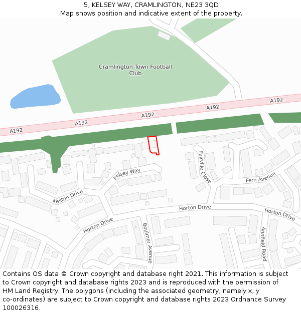 5, KELSEY WAY, CRAMLINGTON, NE23 3QD: Location map and indicative extent of plot