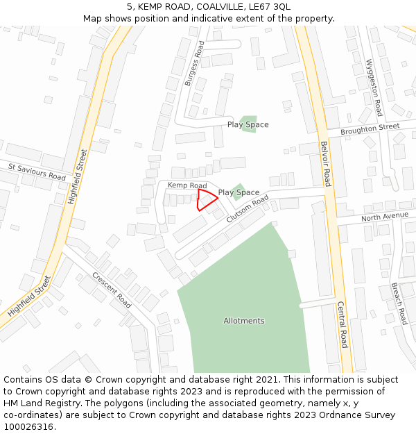 5, KEMP ROAD, COALVILLE, LE67 3QL: Location map and indicative extent of plot