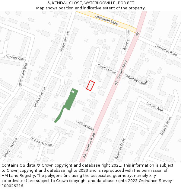 5, KENDAL CLOSE, WATERLOOVILLE, PO8 8ET: Location map and indicative extent of plot