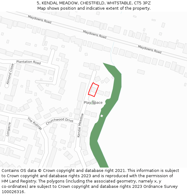 5, KENDAL MEADOW, CHESTFIELD, WHITSTABLE, CT5 3PZ: Location map and indicative extent of plot