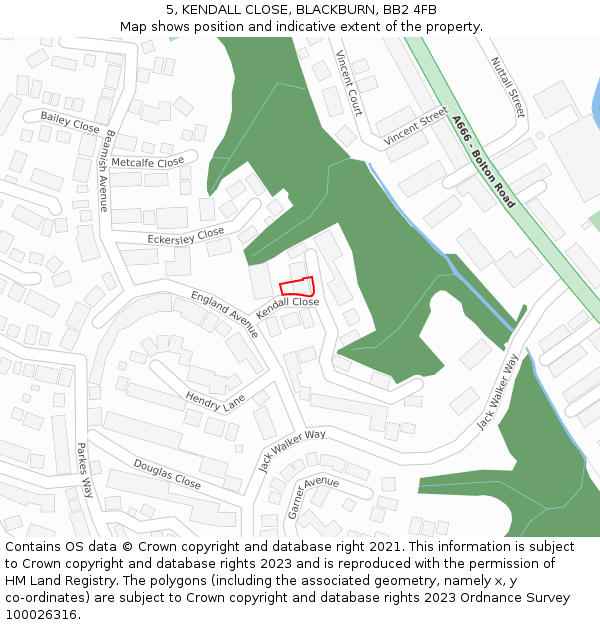 5, KENDALL CLOSE, BLACKBURN, BB2 4FB: Location map and indicative extent of plot