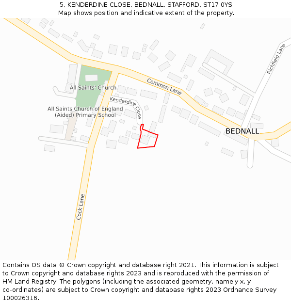 5, KENDERDINE CLOSE, BEDNALL, STAFFORD, ST17 0YS: Location map and indicative extent of plot