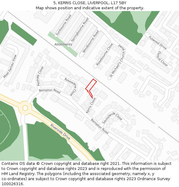 5, KERRIS CLOSE, LIVERPOOL, L17 5BY: Location map and indicative extent of plot