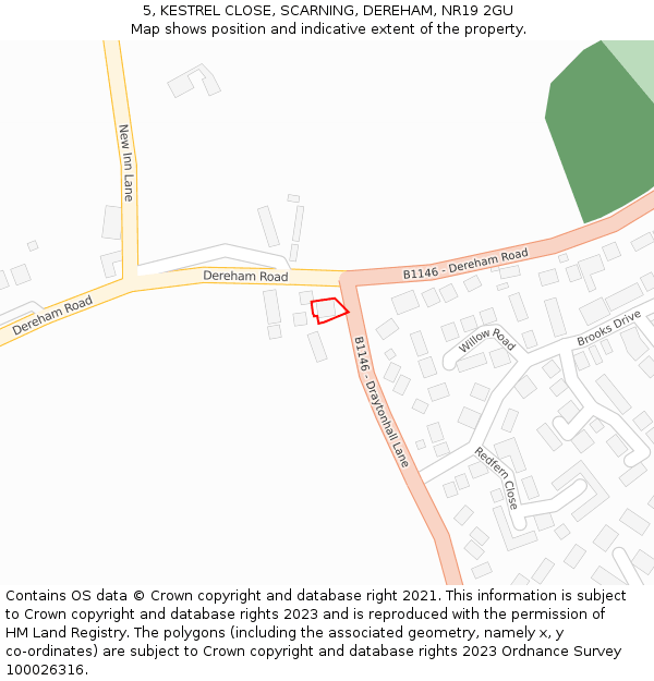 5, KESTREL CLOSE, SCARNING, DEREHAM, NR19 2GU: Location map and indicative extent of plot