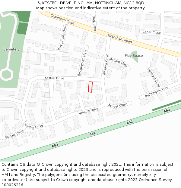 5, KESTREL DRIVE, BINGHAM, NOTTINGHAM, NG13 8QD: Location map and indicative extent of plot