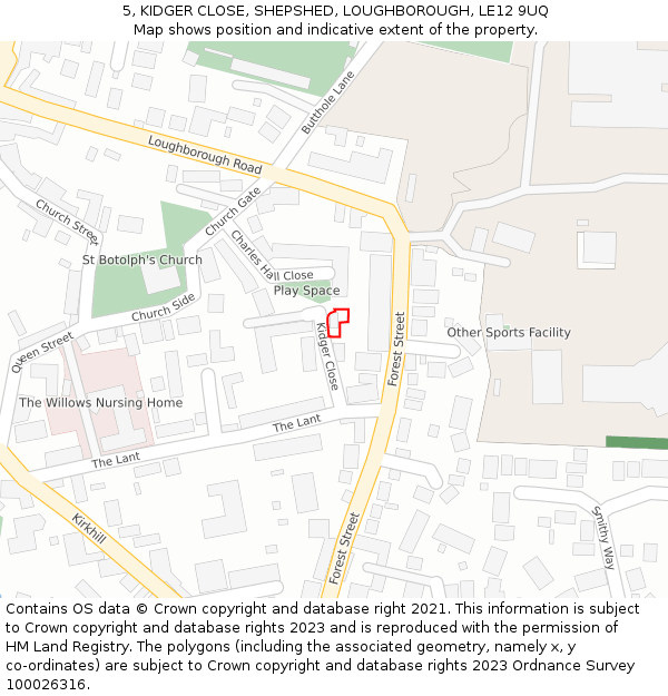 5, KIDGER CLOSE, SHEPSHED, LOUGHBOROUGH, LE12 9UQ: Location map and indicative extent of plot