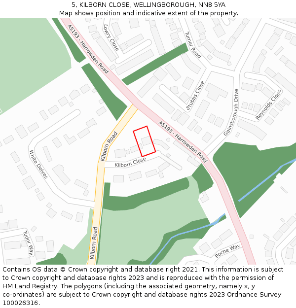 5, KILBORN CLOSE, WELLINGBOROUGH, NN8 5YA: Location map and indicative extent of plot