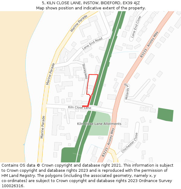 5, KILN CLOSE LANE, INSTOW, BIDEFORD, EX39 4JZ: Location map and indicative extent of plot