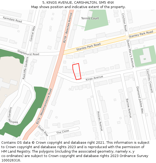5, KINGS AVENUE, CARSHALTON, SM5 4NX: Location map and indicative extent of plot