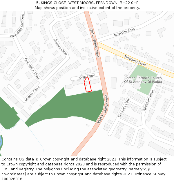 5, KINGS CLOSE, WEST MOORS, FERNDOWN, BH22 0HP: Location map and indicative extent of plot