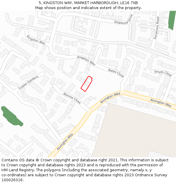 5, KINGSTON WAY, MARKET HARBOROUGH, LE16 7XB: Location map and indicative extent of plot