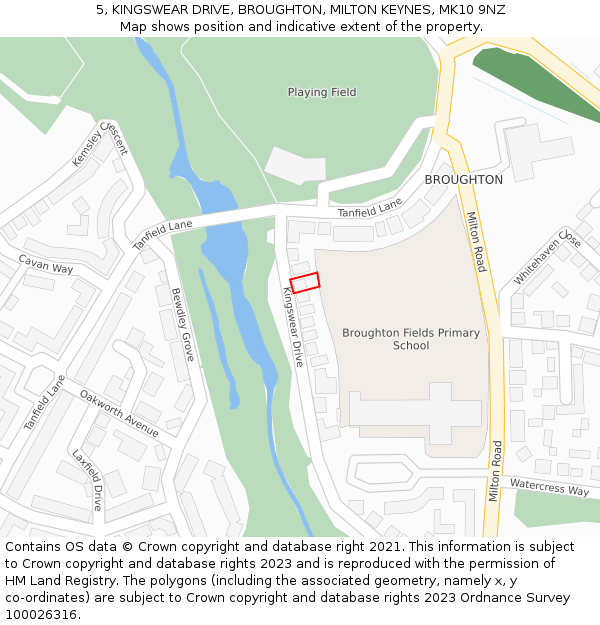 5, KINGSWEAR DRIVE, BROUGHTON, MILTON KEYNES, MK10 9NZ: Location map and indicative extent of plot