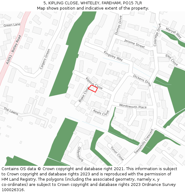 5, KIPLING CLOSE, WHITELEY, FAREHAM, PO15 7LR: Location map and indicative extent of plot