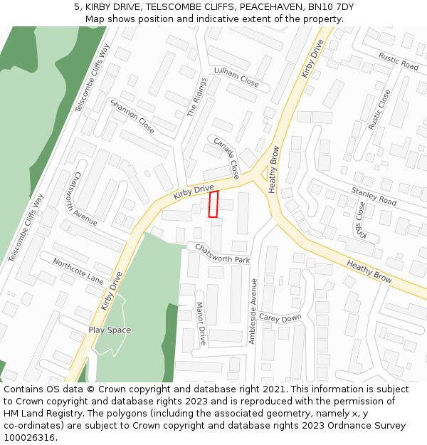 5, KIRBY DRIVE, TELSCOMBE CLIFFS, PEACEHAVEN, BN10 7DY: Location map and indicative extent of plot