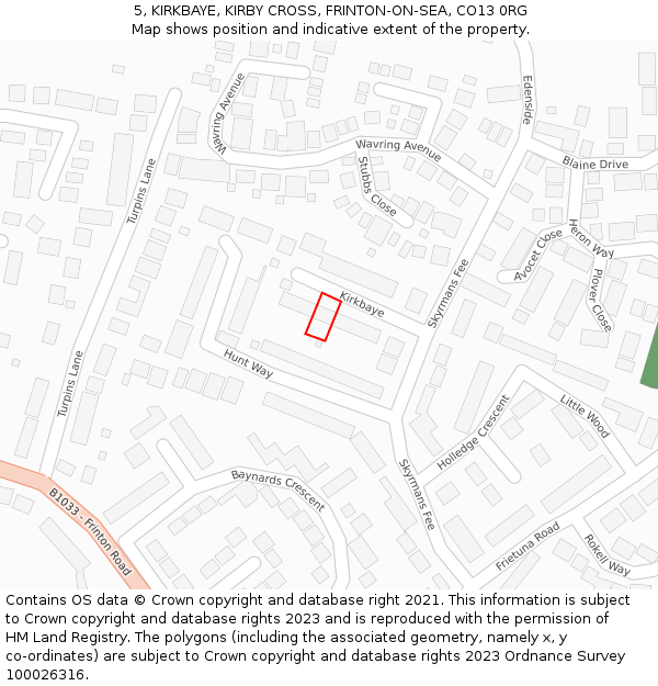 5, KIRKBAYE, KIRBY CROSS, FRINTON-ON-SEA, CO13 0RG: Location map and indicative extent of plot