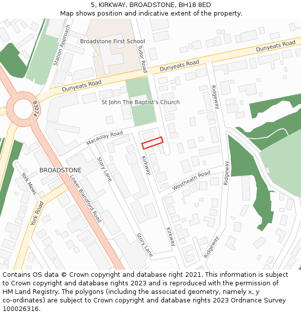 5, KIRKWAY, BROADSTONE, BH18 8ED: Location map and indicative extent of plot