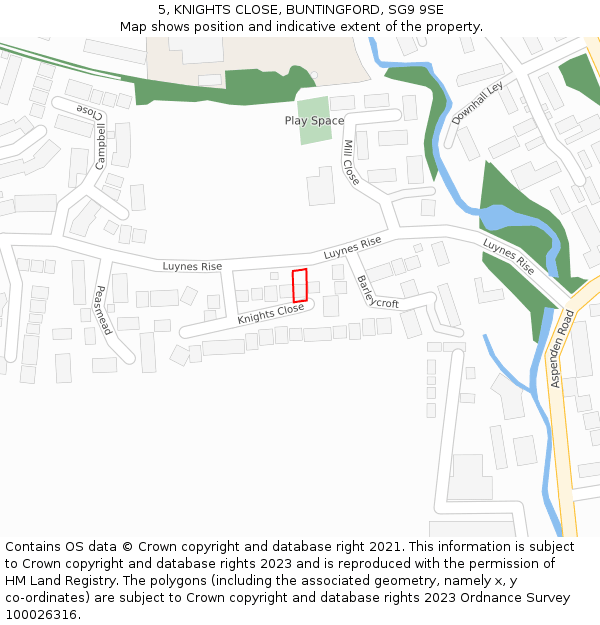 5, KNIGHTS CLOSE, BUNTINGFORD, SG9 9SE: Location map and indicative extent of plot