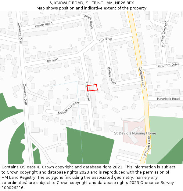 5, KNOWLE ROAD, SHERINGHAM, NR26 8PX: Location map and indicative extent of plot