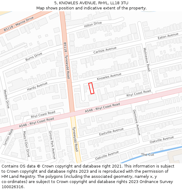 5, KNOWLES AVENUE, RHYL, LL18 3TU: Location map and indicative extent of plot