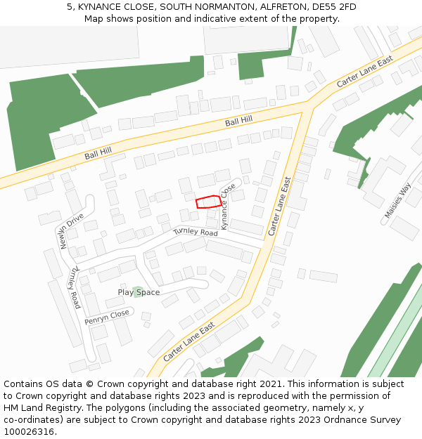 5, KYNANCE CLOSE, SOUTH NORMANTON, ALFRETON, DE55 2FD: Location map and indicative extent of plot