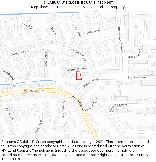 5, LABURNUM CLOSE, BOURNE, PE10 9ST: Location map and indicative extent of plot