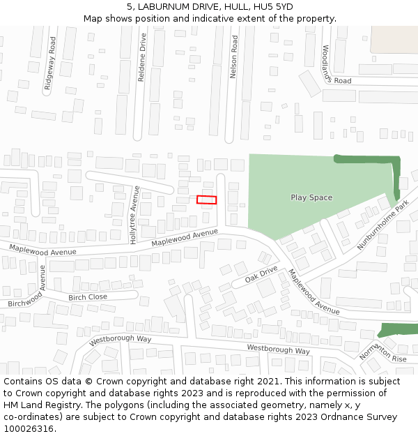 5, LABURNUM DRIVE, HULL, HU5 5YD: Location map and indicative extent of plot
