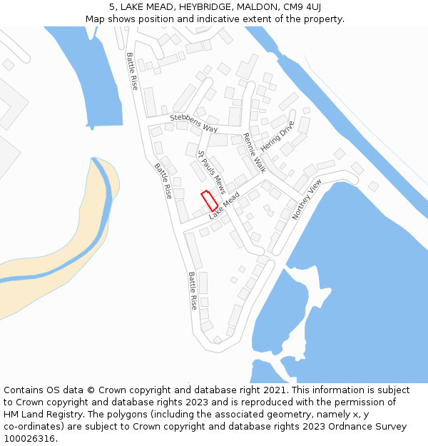 5, LAKE MEAD, HEYBRIDGE, MALDON, CM9 4UJ: Location map and indicative extent of plot