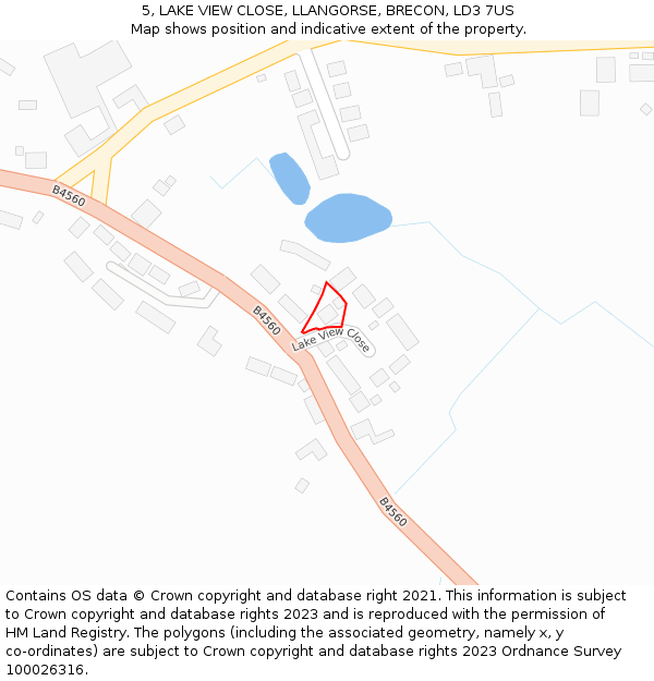 5, LAKE VIEW CLOSE, LLANGORSE, BRECON, LD3 7US: Location map and indicative extent of plot