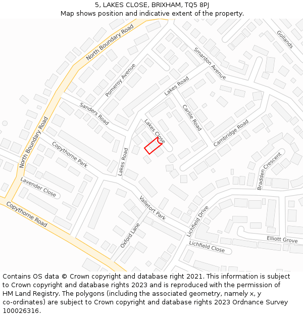 5, LAKES CLOSE, BRIXHAM, TQ5 8PJ: Location map and indicative extent of plot