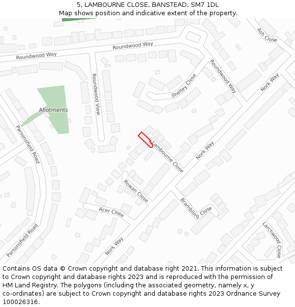 5, LAMBOURNE CLOSE, BANSTEAD, SM7 1DL: Location map and indicative extent of plot