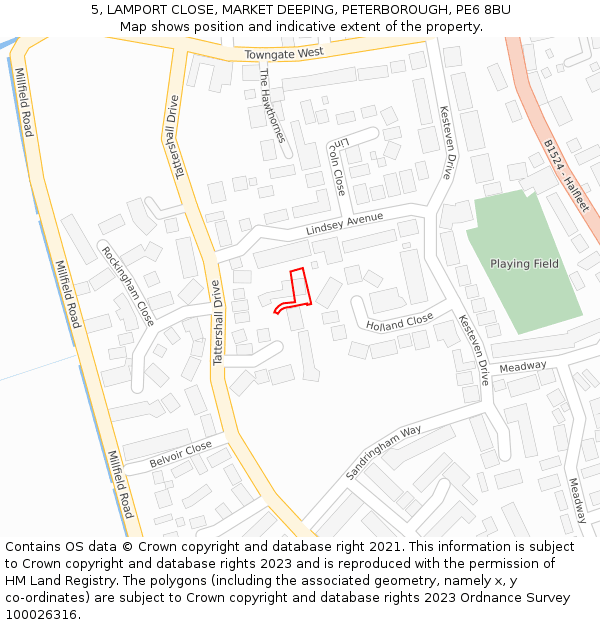 5, LAMPORT CLOSE, MARKET DEEPING, PETERBOROUGH, PE6 8BU: Location map and indicative extent of plot