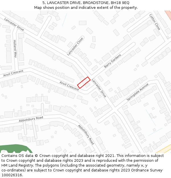 5, LANCASTER DRIVE, BROADSTONE, BH18 9EQ: Location map and indicative extent of plot