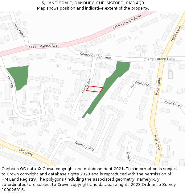 5, LANDISDALE, DANBURY, CHELMSFORD, CM3 4QR: Location map and indicative extent of plot